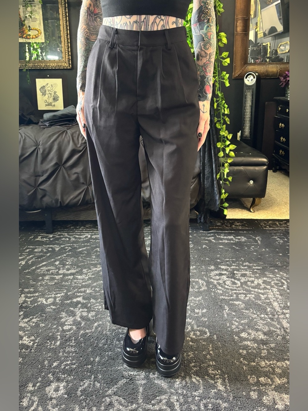 High-Waist Pleated Dress Pants, black, XS